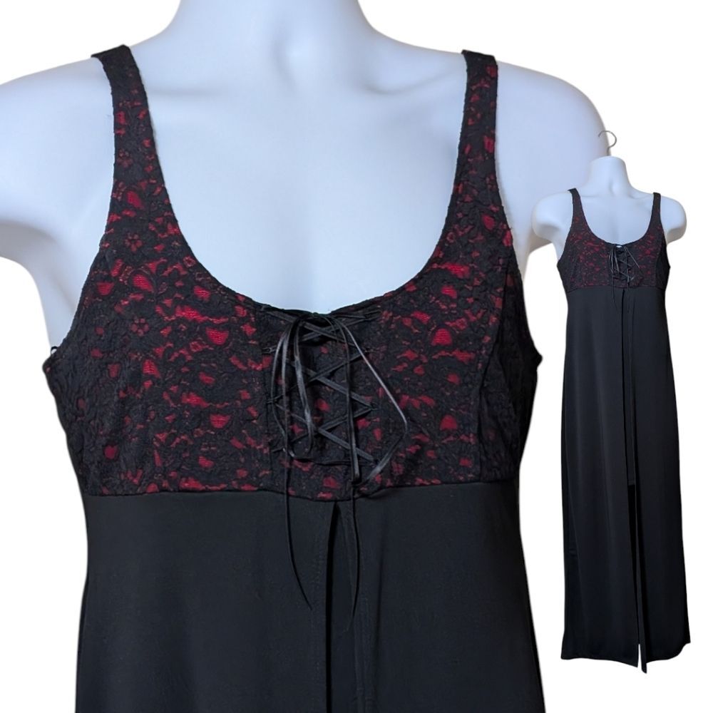 Vintage Rocket Candy Black Red Lace Gothic Maxi slip corset front Dress Large